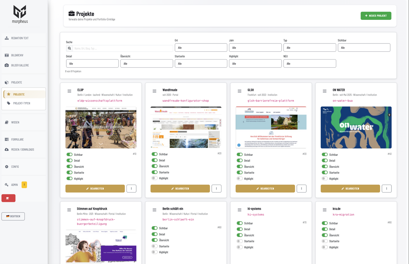 Morpheus CMS Projektverwaltung